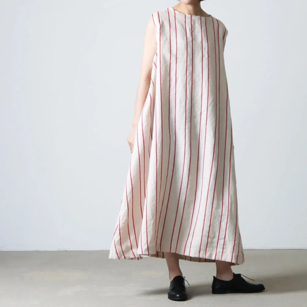 ICHI ANTIQUITES LINEN STRIPE SLEEVELESS DRESS - Picture 1 of 11